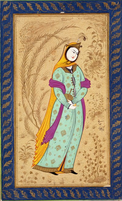 Meisje met een wijnvat en een peer, uit het Grote Clive Album door Persian School